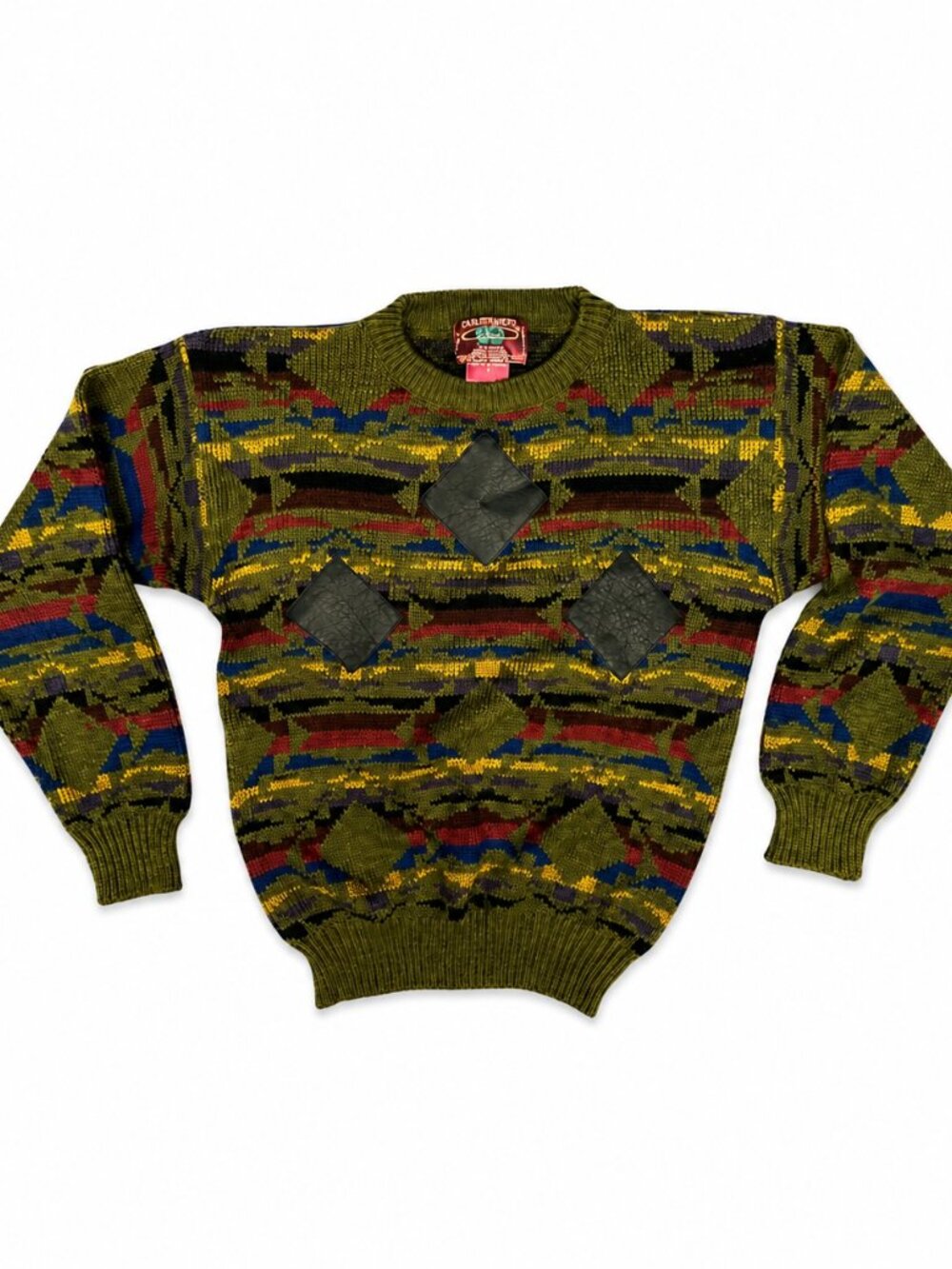 Vintage Chartwell Sweater Men’s M Geometric Knit Leather Detail Grandpacore 80s